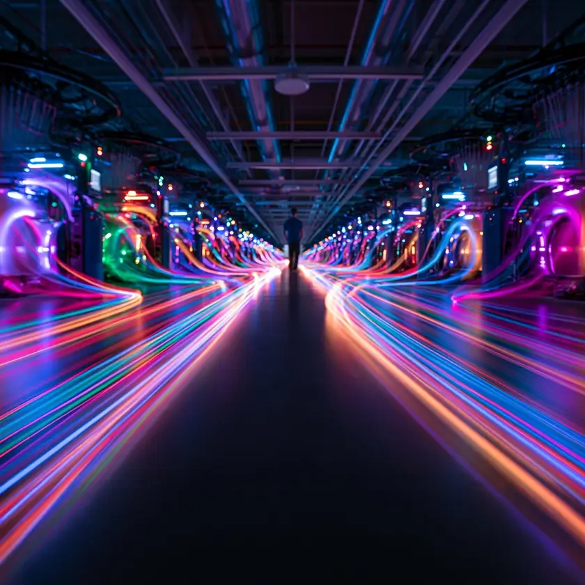 Data center aisle with light streaks