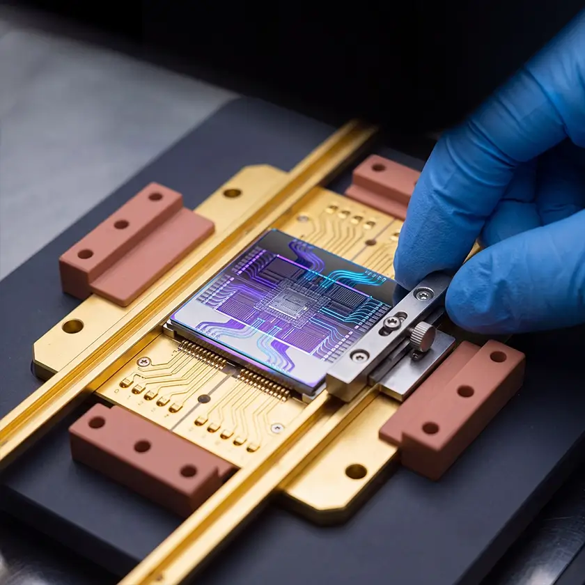 Gloved hand placing neuromorphic chip