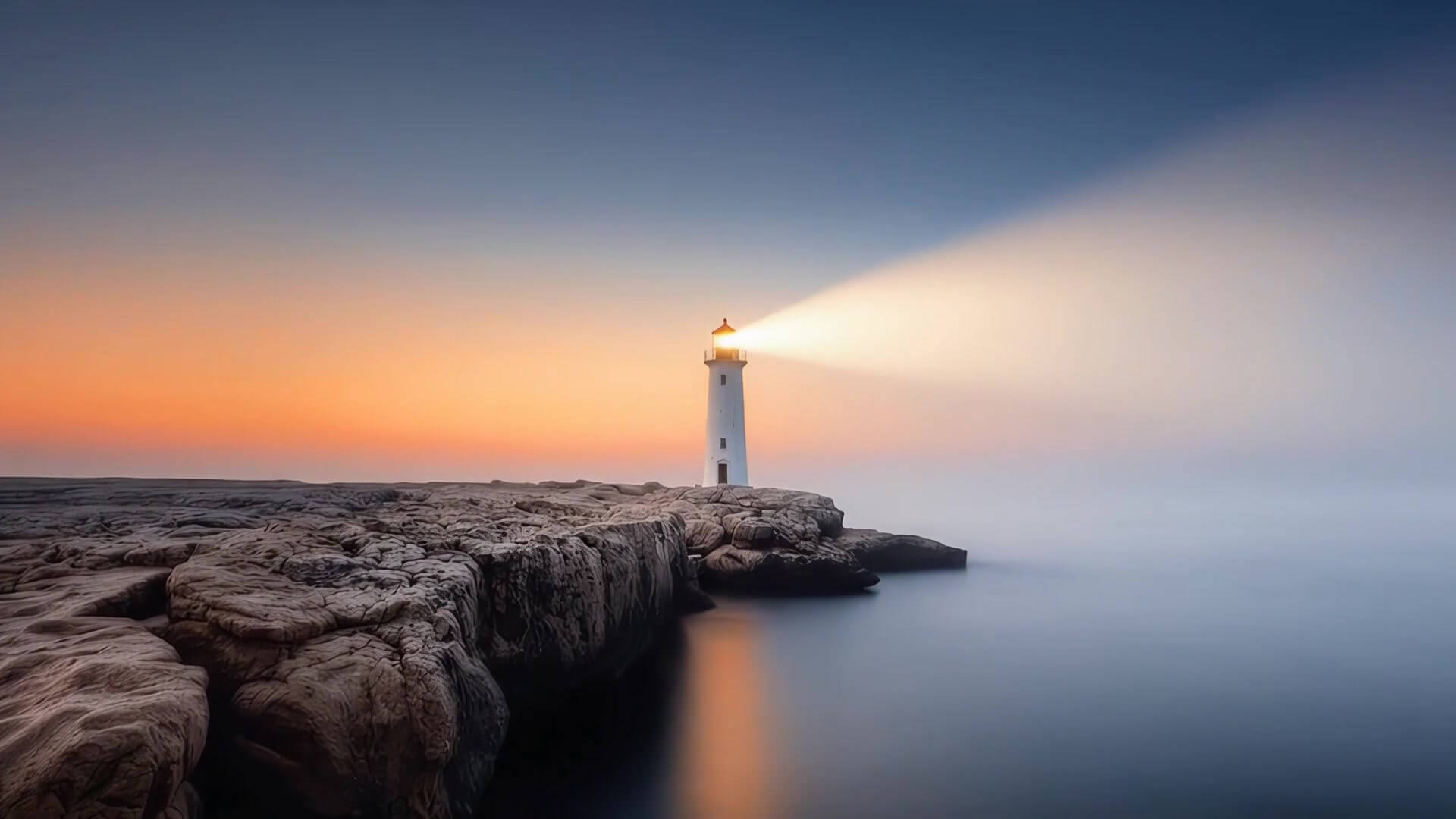 A lighthouse at dusk, its beam shining out to both sides